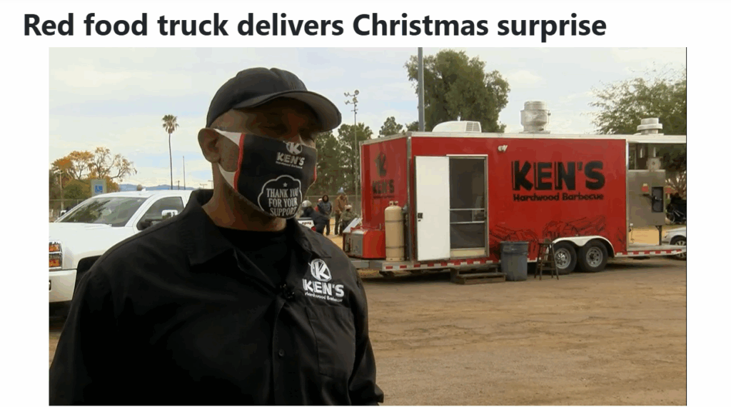 Thumbnail of video about Ken's charitable work feeding the homeless at Christmastimef rom the red Ken's Hardwood Barbecue food truck.